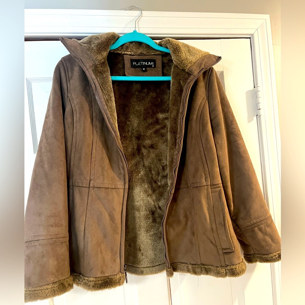 Platinum women's faux suede jacket with faux fur collar and cuffs size medium